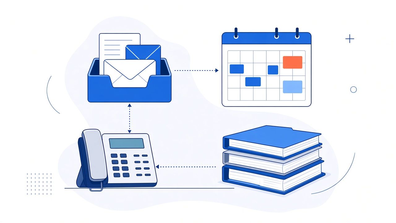 Flat illustration of an executive assistant's desk: a calendar, a checklist, and an inbox.