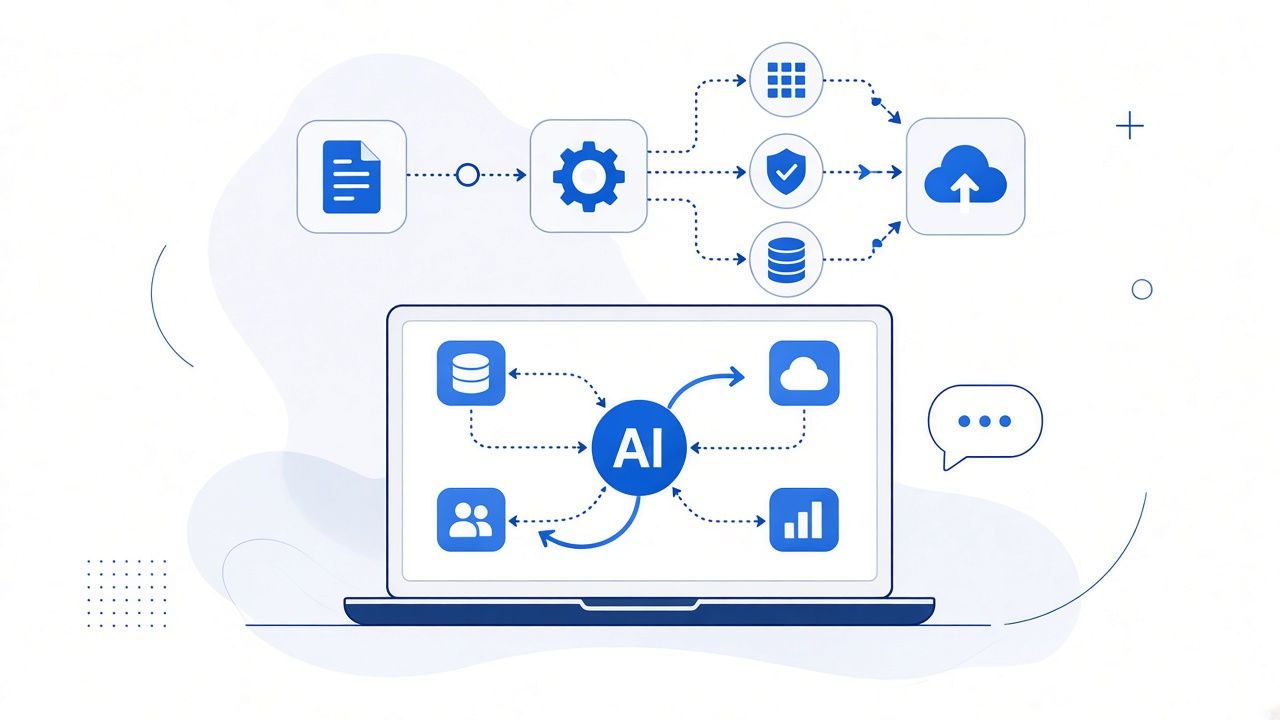Flat illustration of an AI workflow: a person at a laptop, a robot, a document, and a gear connected by lines.