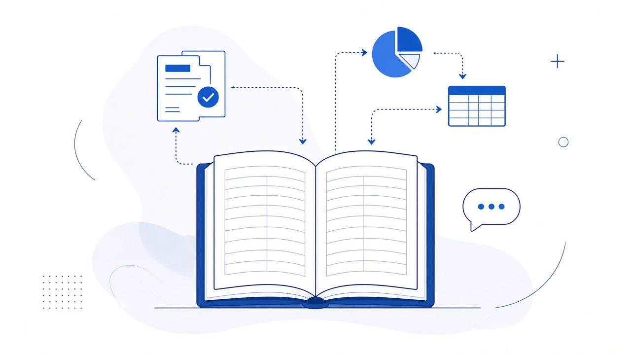 Flat illustration of bookkeeping: a calculator, a stack of coins, and a bar chart on a desk.
