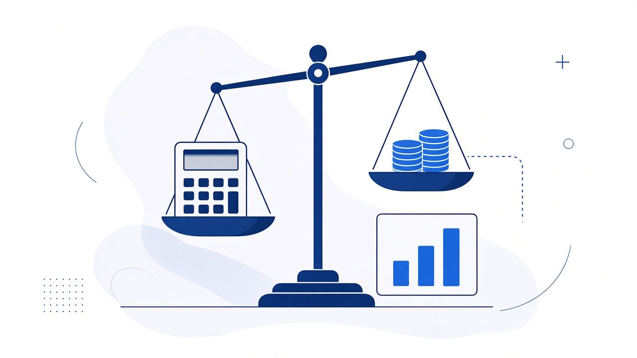 Flat illustration of a cost comparison: a calculator, a bar chart, and a document on a desk.