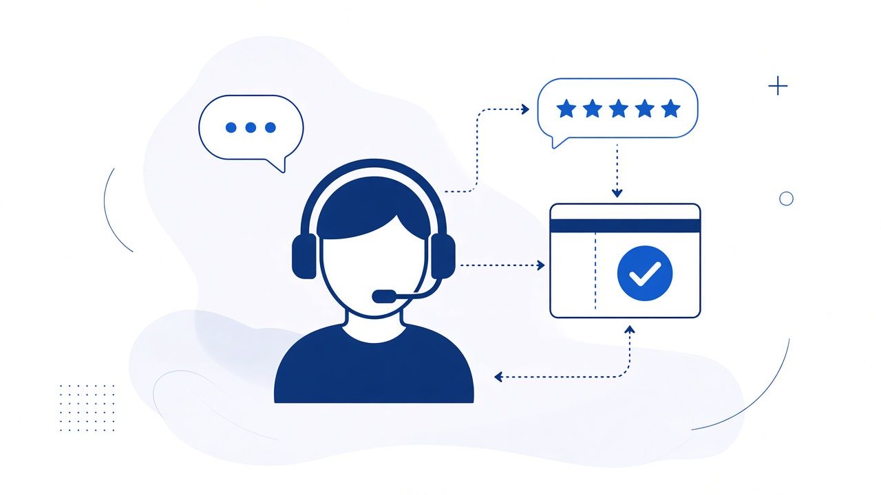Flat illustration of customer support: a person in a headset beside a chat window.