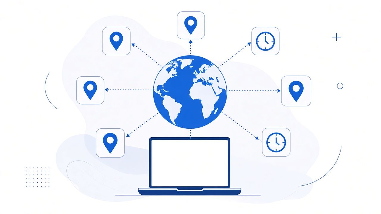 Flat illustration of an offshore team: a globe, a video call, and a shared checklist.