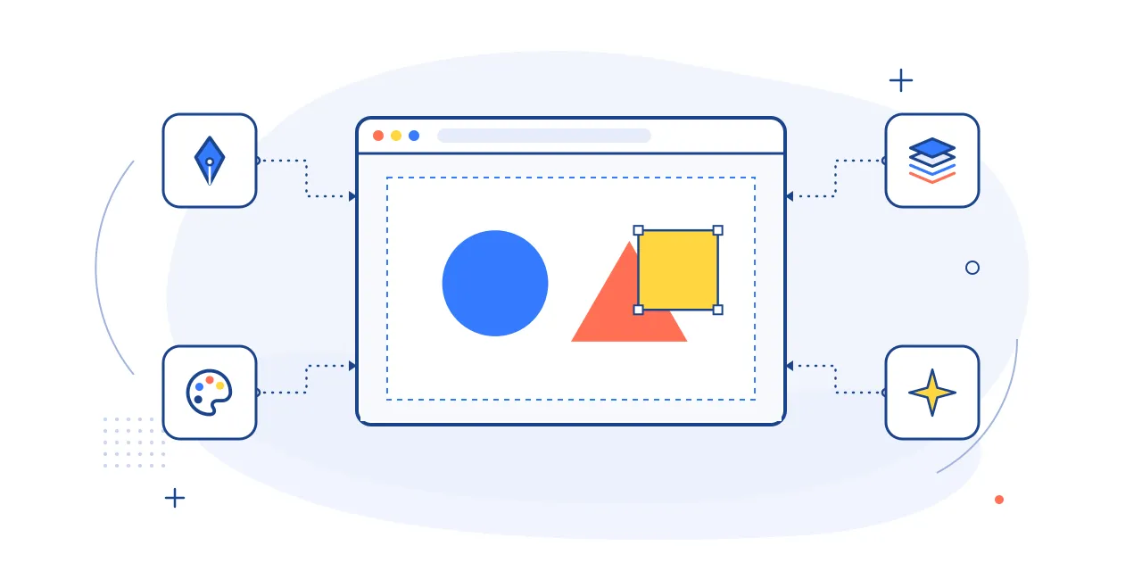 Illustration of graphic design work: an artboard with shapes and selection handles, plus pen tool, palette and layers icons