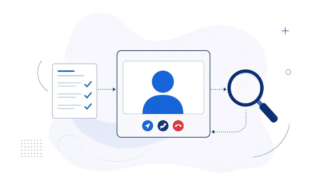 Flat illustration of a hiring conversation: a person at a laptop and a colleague waving from a video call.
