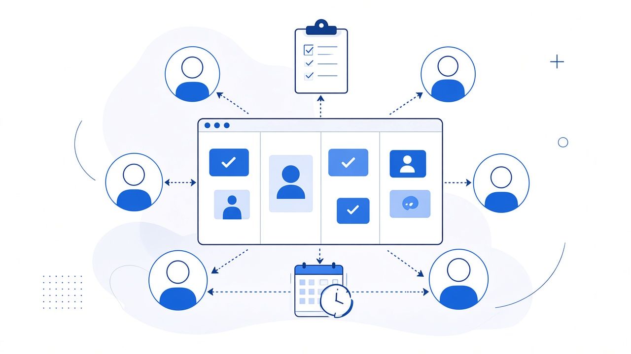 Flat illustration of a remote team: people on a video call beside a task board.