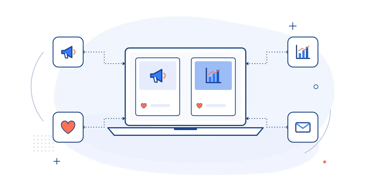Illustration of marketing assistant work: social posts on a laptop with megaphone, engagement, email and analytics icons