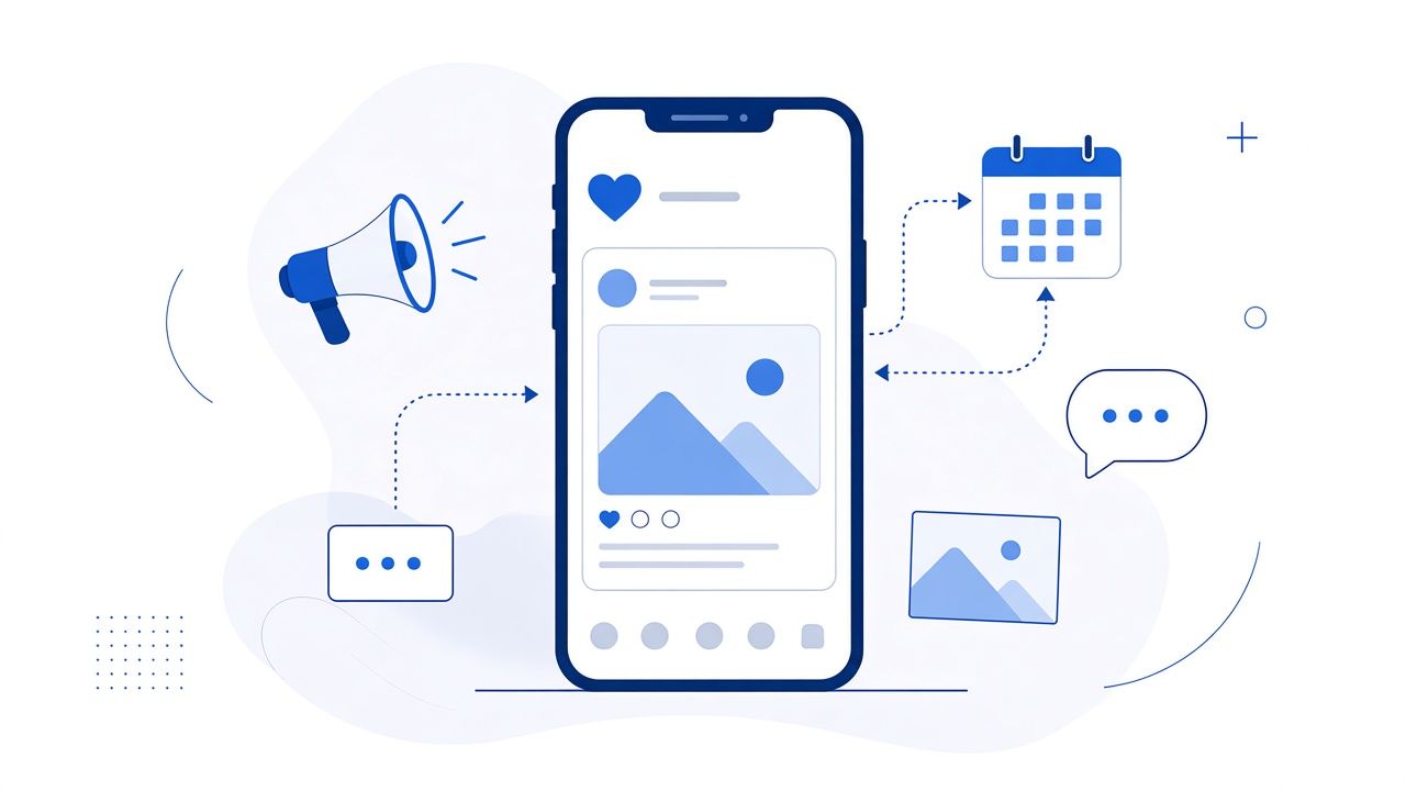 Flat illustration of social media work: a content calendar, a post with a heart, and a video.
