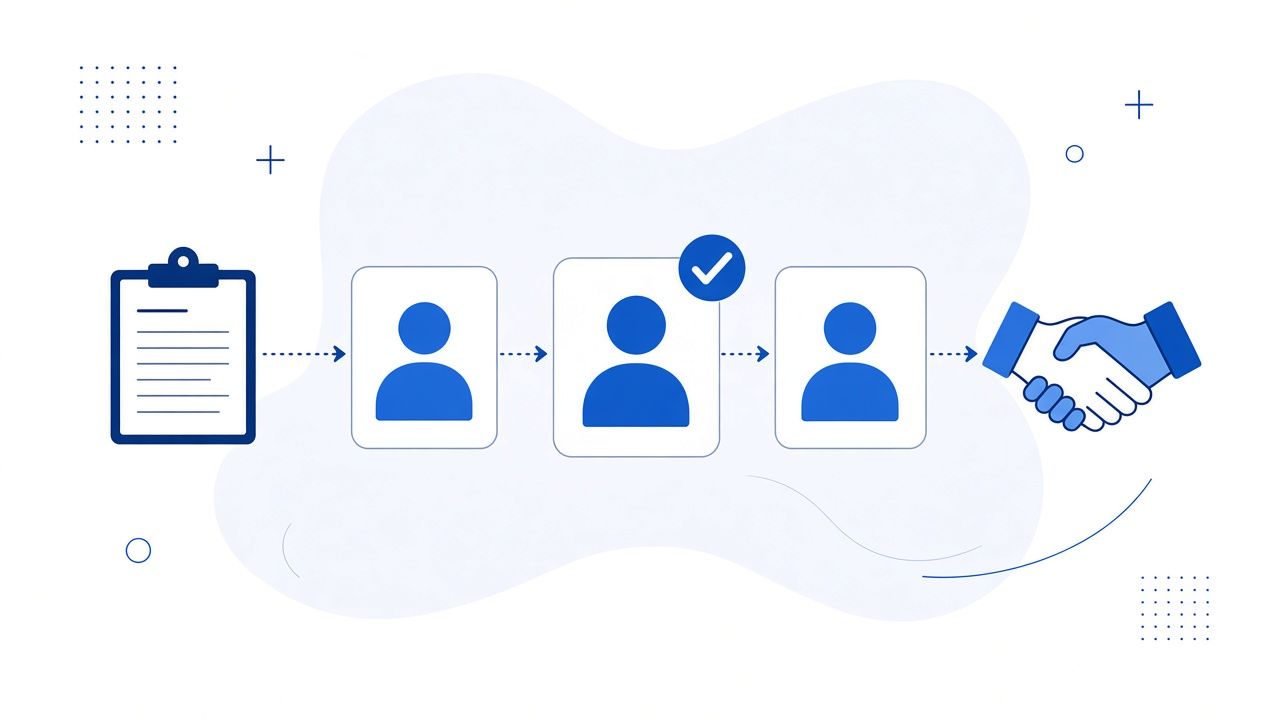 Flat illustration of recruiting: a résumé, a person with a badge, and an interview on a video call.