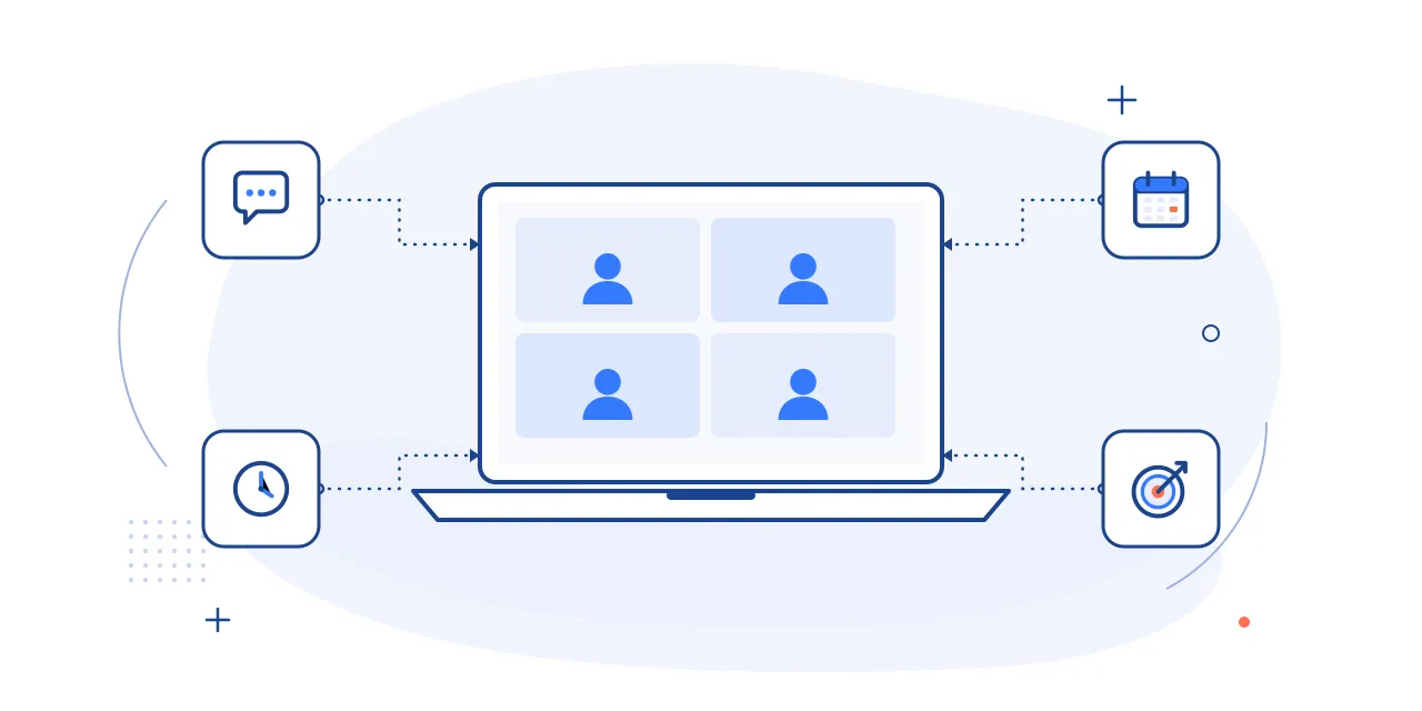 Illustration of managing a remote team: a video call grid on a laptop with chat, calendar, clock and goals icons