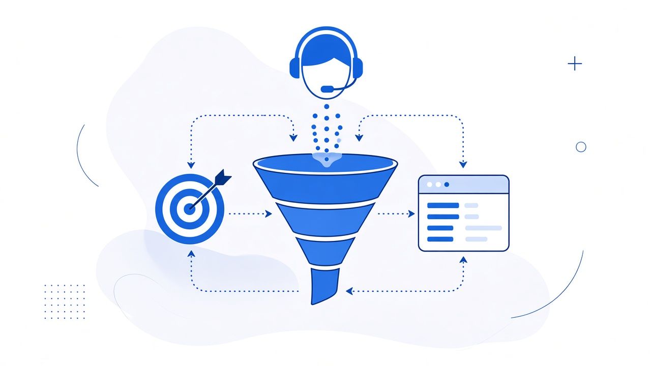 Flat illustration of lead generation: a sales funnel, a bar chart, and an inbox card.