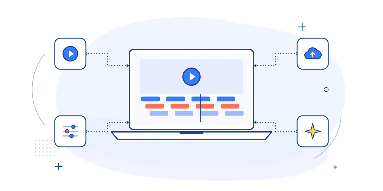 Illustration of video editing: an editing timeline on a laptop with play, adjustment, cloud upload and sparkle icons