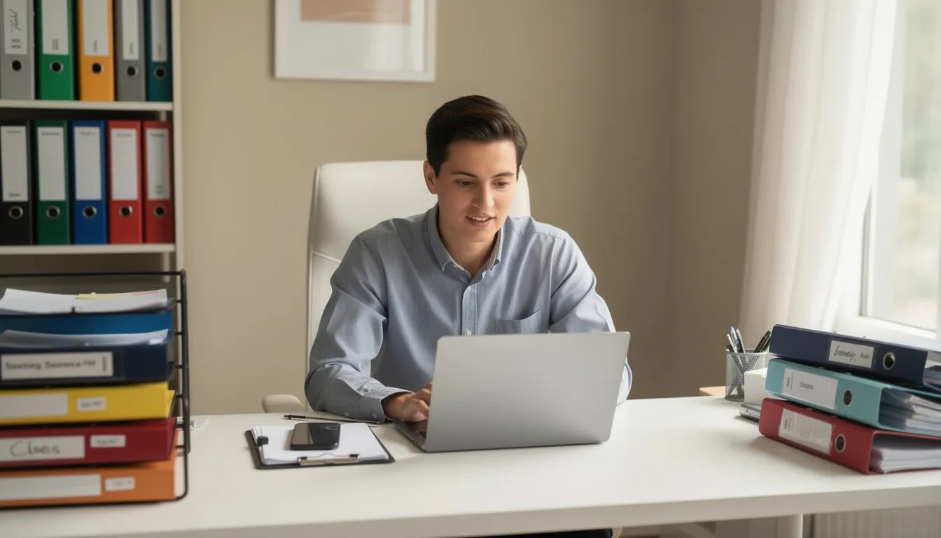 A small business owner sits at a desk, surrounded by organized folders and a laptop, focusing on crafting effective marketing strategies. This scene reflects the dedication of business owners to implement valuable marketing tips for growth and success in their ventures.