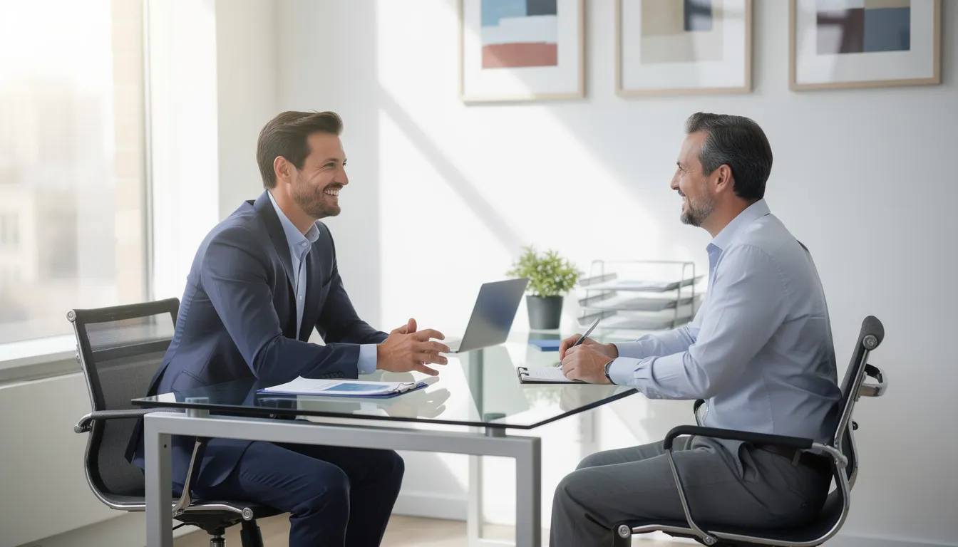 A business professional is engaging in a friendly conversation with a customer in a well-organized office setting, showcasing effective business management and marketing strategies. This interaction highlights the importance of building relationships in small business marketing and gaining valuable insights for growth.