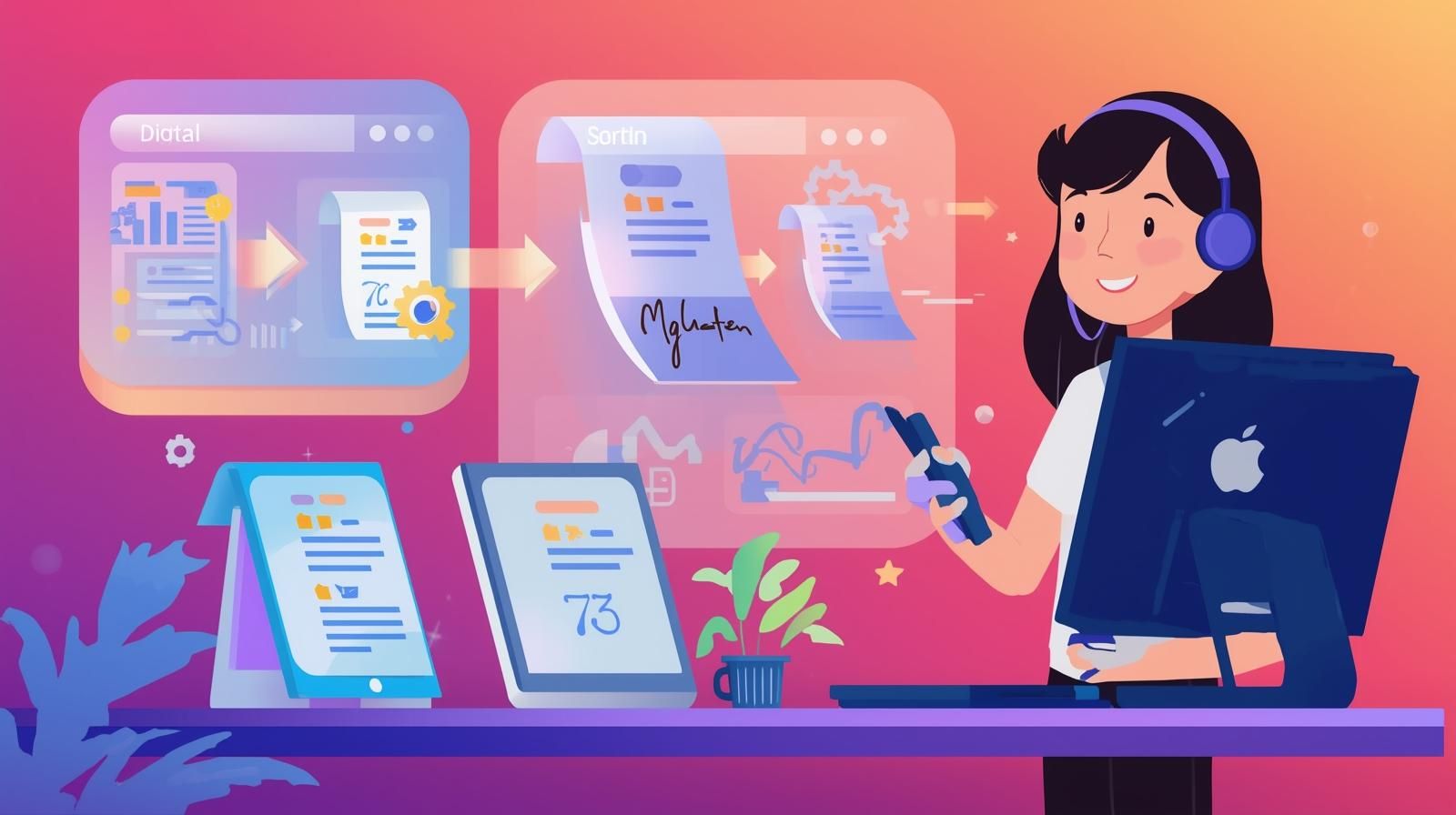 An illustration depicting a virtual assistant managing property tasks for a property management company.