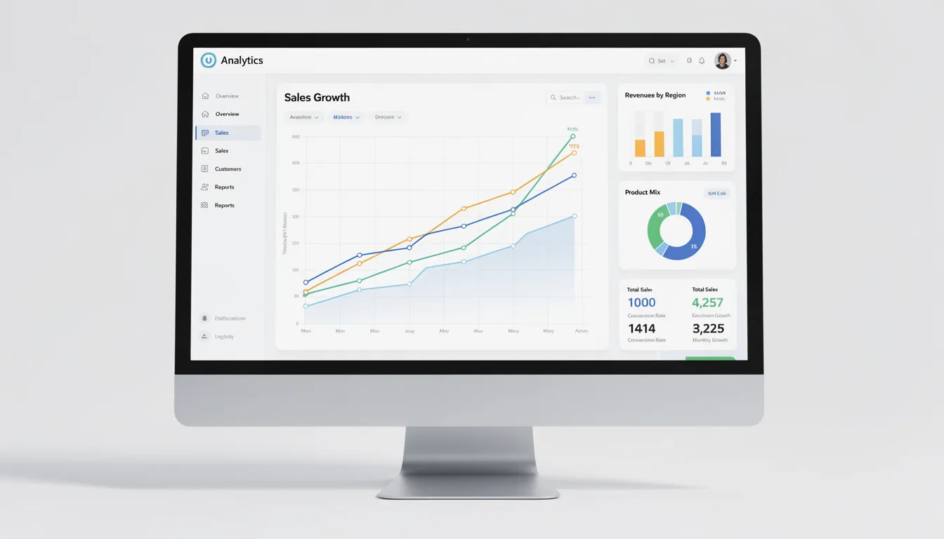 The image depicts an analytics dashboard featuring various sales metrics and growth charts, highlighting key performance indicators for an outsourced sales team. It showcases data that reflects sales growth, customer acquisition, and the effectiveness of sales strategies, providing insights for sales and marketing teams to enhance their sales process.